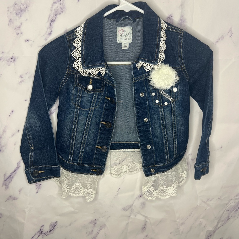 1989 Place Girls Denim Jacket with Lace Trim Sz 5/6 - Picture 1 of 6